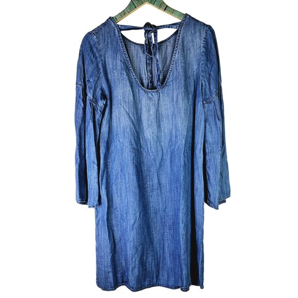 Anthropologie Cloth & Stone Tencil Chambray Bell Sleeve Open Back Dress, Sz M - Picture 7 of 10